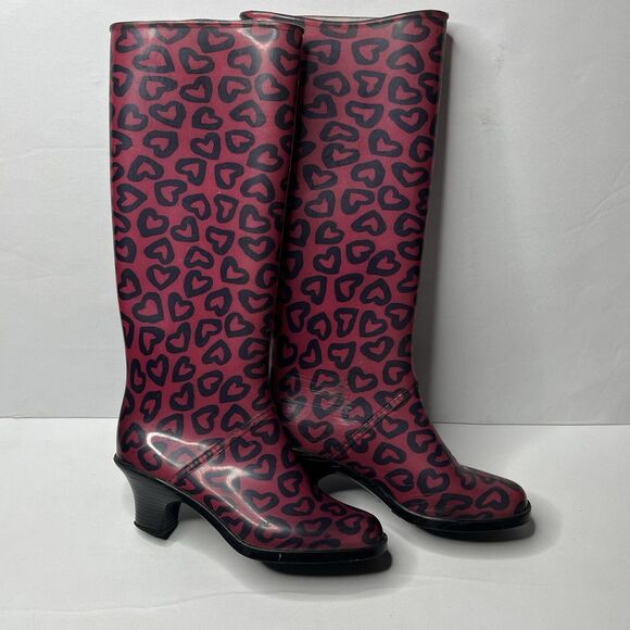 MARC JACOBS Heart Print Pink Rubber Heeled Rain Boots Womens Size 5.5 ITALY MADE - Picture 1 of 9